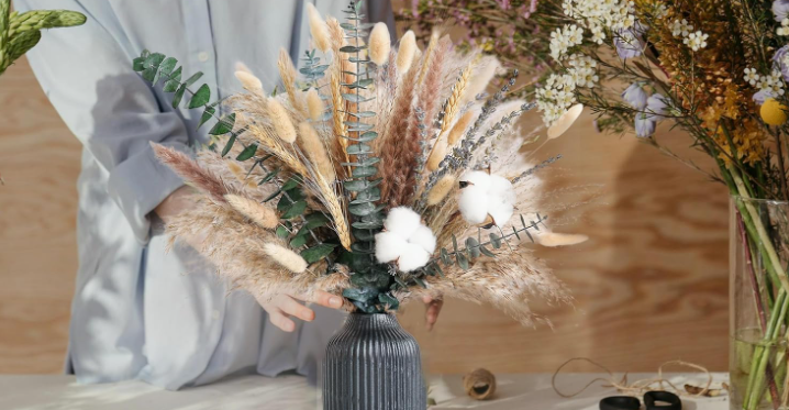 Ramo de flores secas con talde de algodón, eucalipto y Pampas - centro de mesa rúsde Boho para la decoración de boda, granja y casa